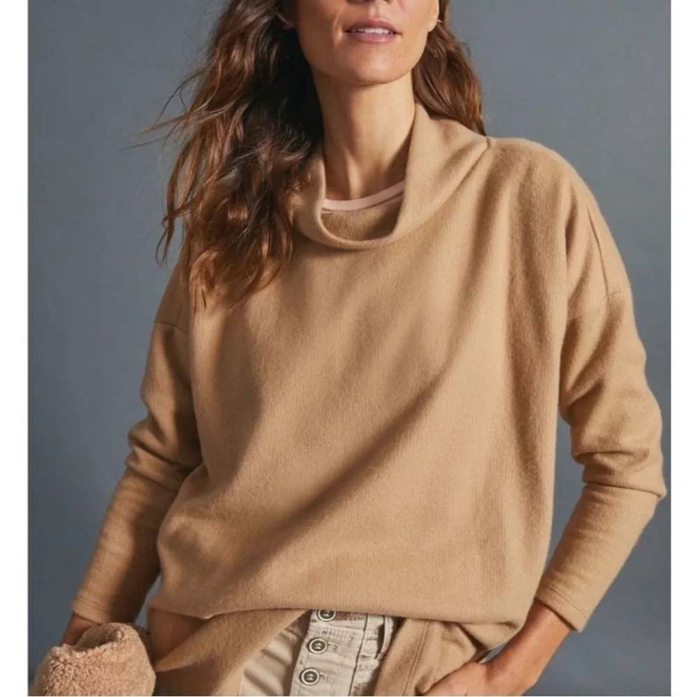 NWT Anthropologie Theresa Mock Neck Tunic Pullover Sweater Camel SM Minimalist